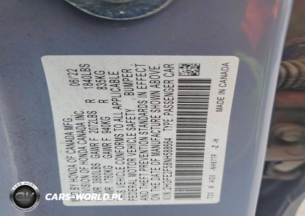 2022 Honda Civic Sport VIN:2HGFE2F58NH588664 - 12