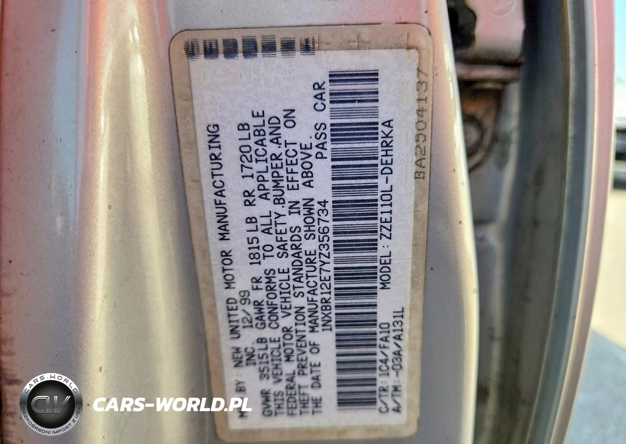 2000 Toyota Corolla Ve VIN:1NXBR12E7YZ356734 - 12