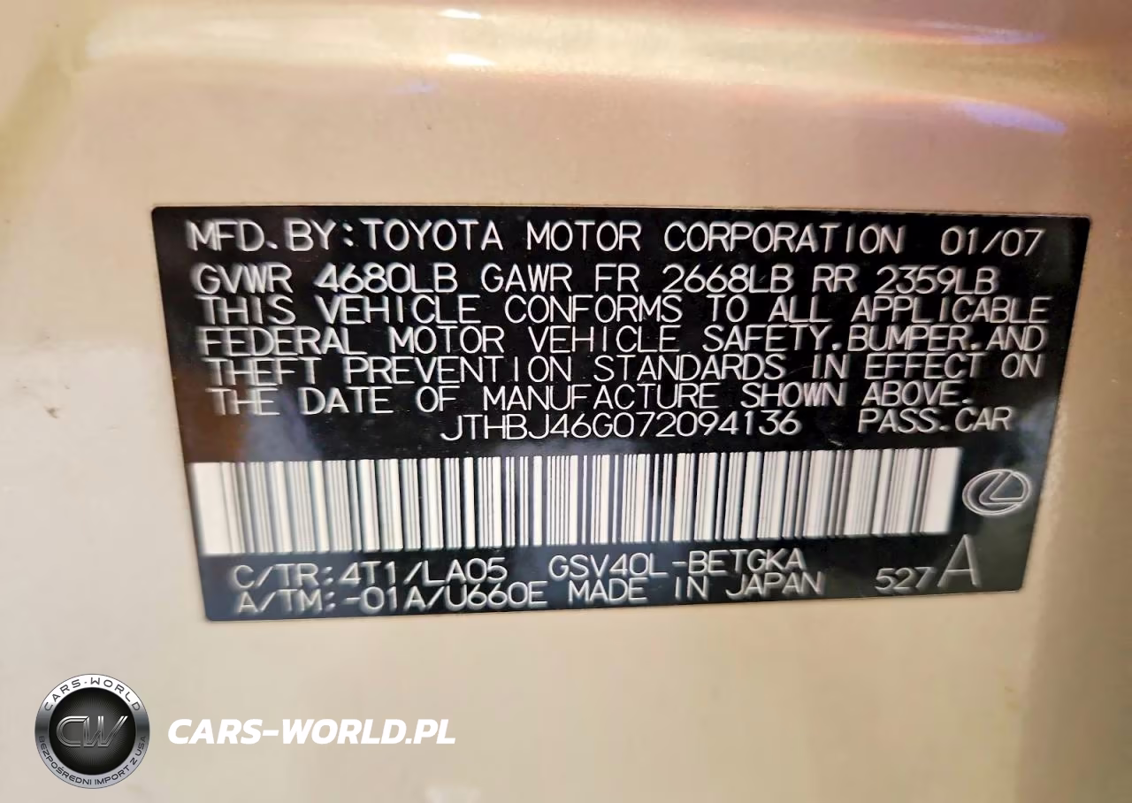 2007 Lexus Es 350 VIN:JTHBJ46G072094136 - 13