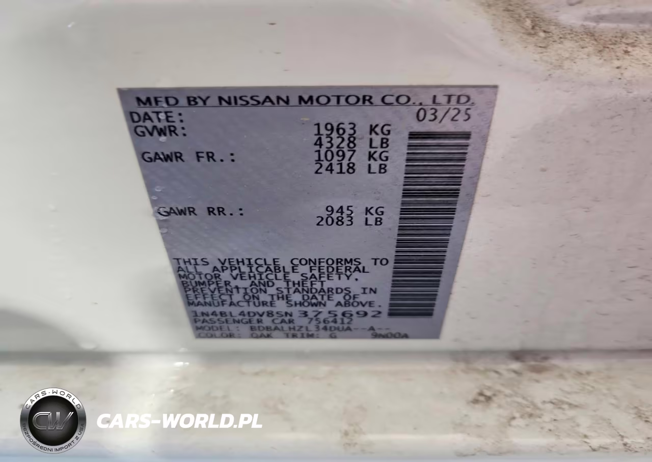 2025 Nissan Altima Sv VIN:1N4BL4DV8SN375692 - 12