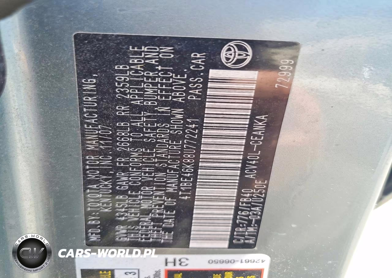 2008 Toyota Camry Le VIN:4T1BE46K88U772241 - 12