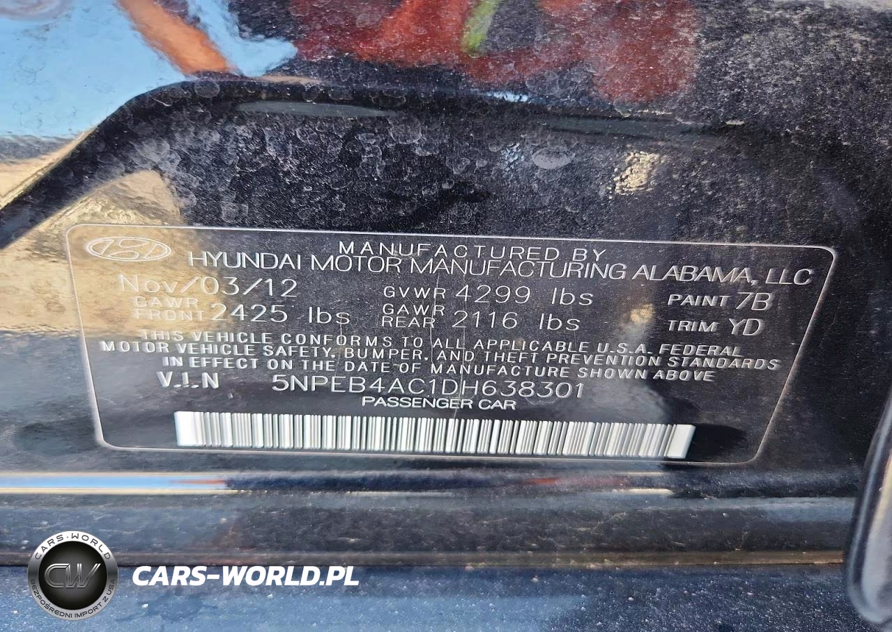 2013 Hyundai Sonata Gls VIN:5NPEB4AC1DH638301 - 12