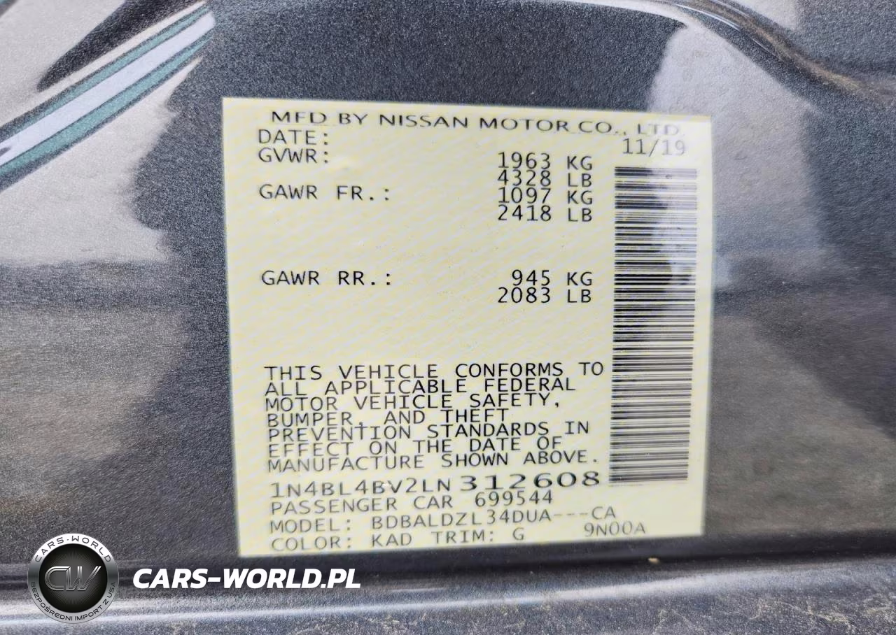 2020 Nissan Altima S VIN:1N4BL4BV2LN312608 - 12