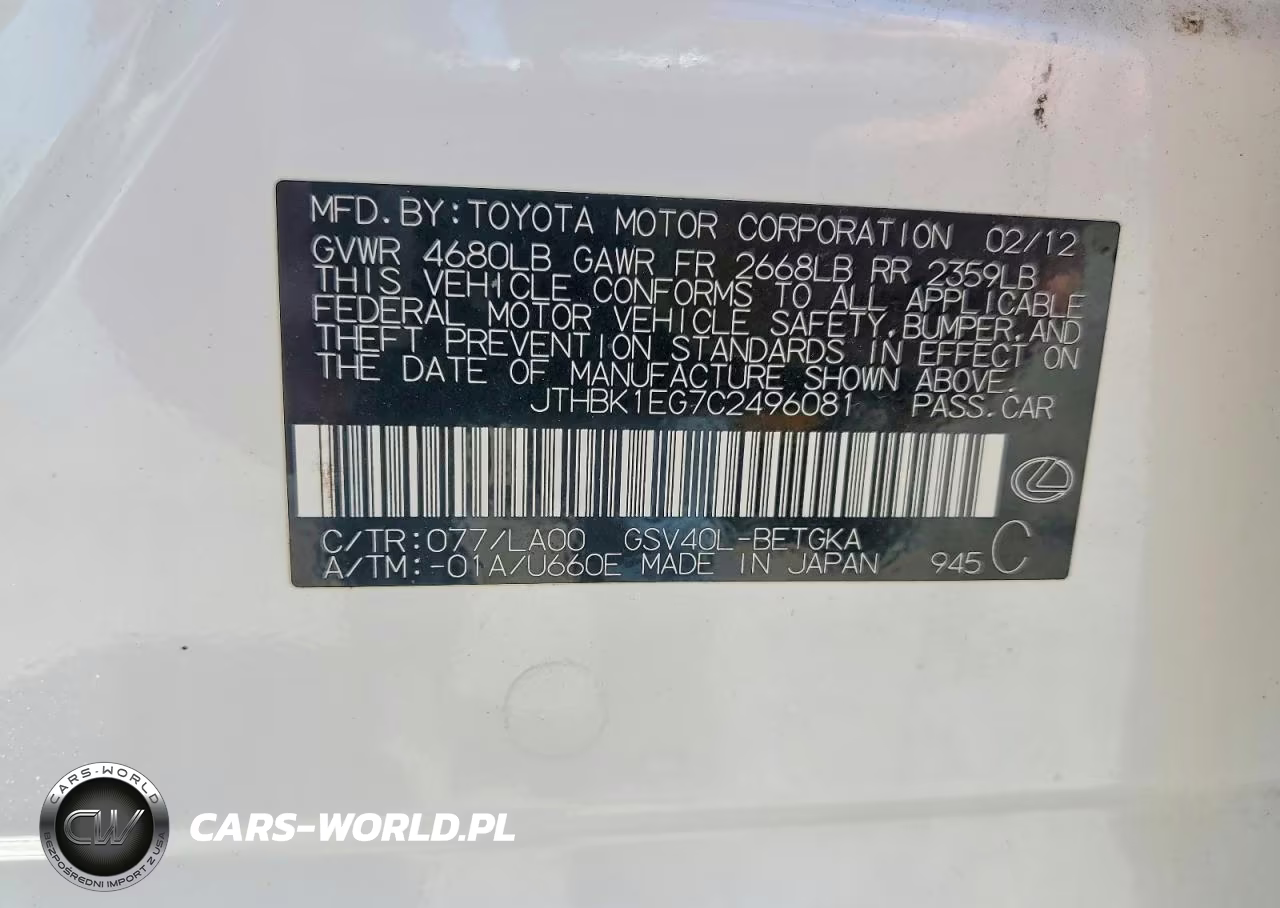 2012 Lexus Es 350 VIN:JTHBK1EG7C2496081 - 12