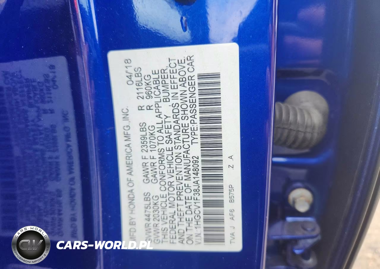 2018 Honda Accord Sport VIN:1HGCV1F38JA148092 - 13