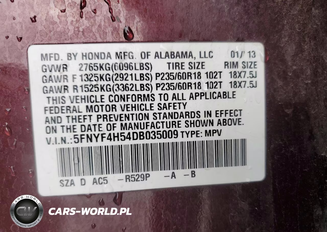 HONDA PILOT EXL VIN:5FNYF4H54DB035009 - 13