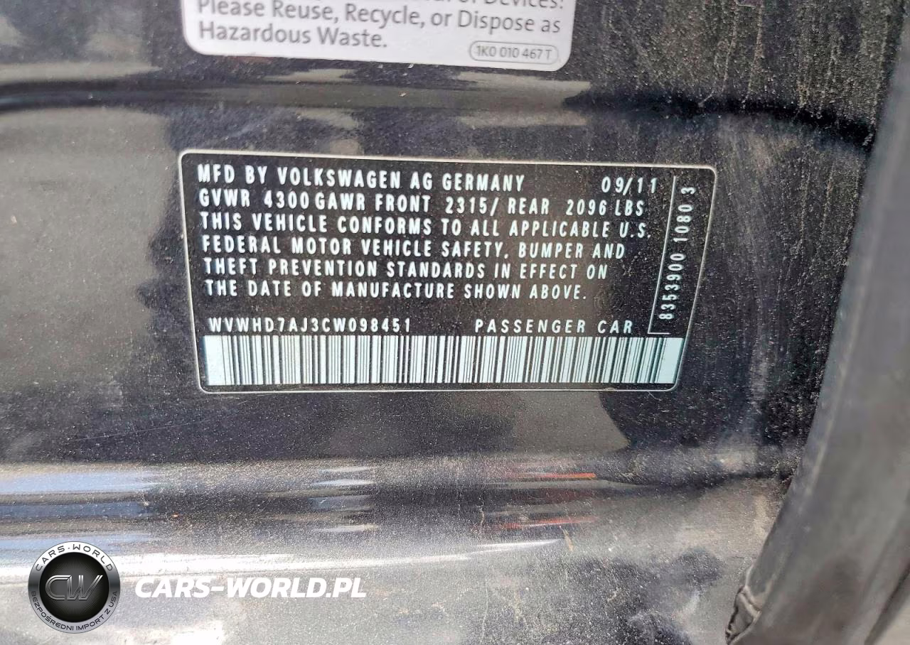 2012 Volkswagen Gti VIN:WVWHD7AJ3CW098451 - 12