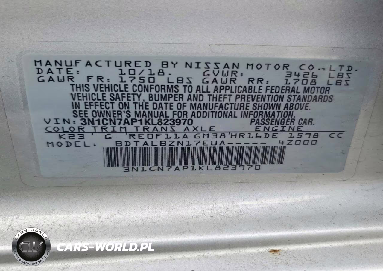 2019 Nissan Versa Sv VIN:3N1CN7AP1KL823970 - 12