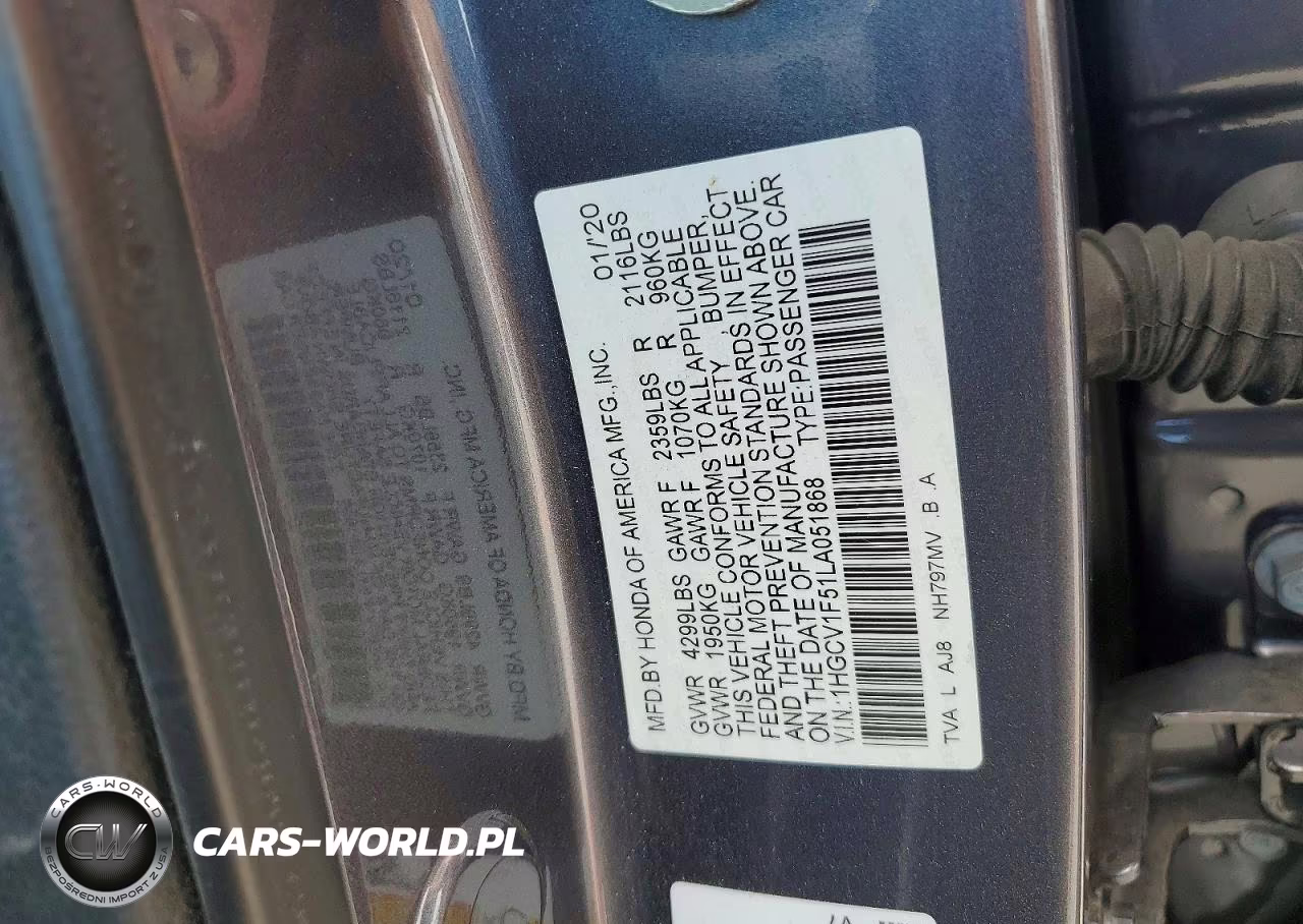 2020 Honda Accord Exl VIN:1HGCV1F51LA051868 - 12