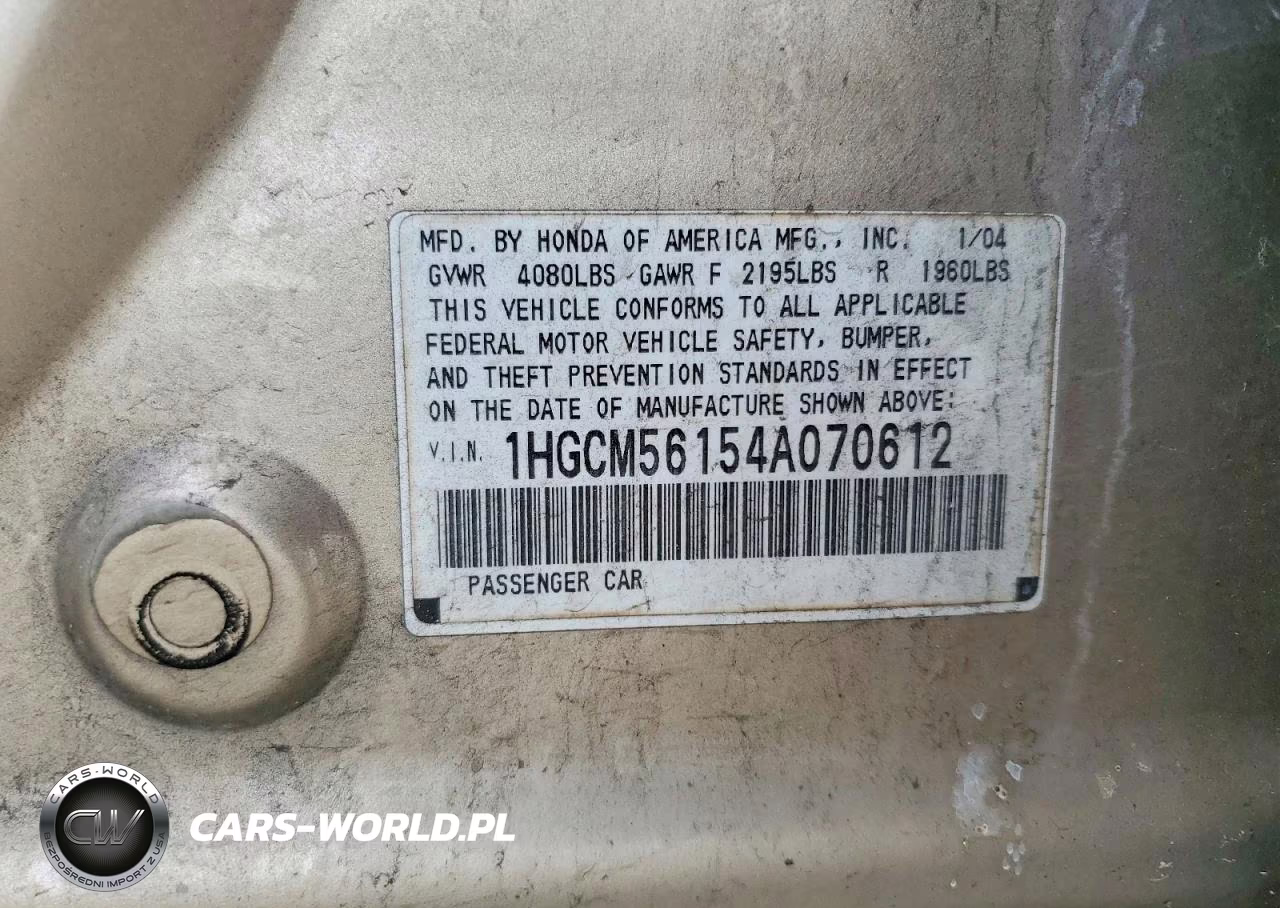 2004 Honda Accord Dx VIN:1HGCM56154A070612 - 12