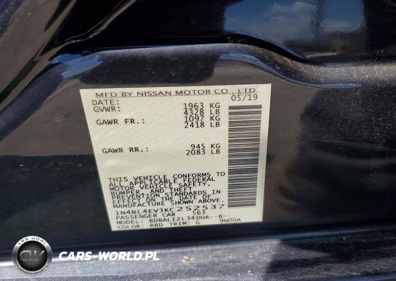 2019 Nissan Altima Sl VIN:1N4BL4EV3KC252537 - 12