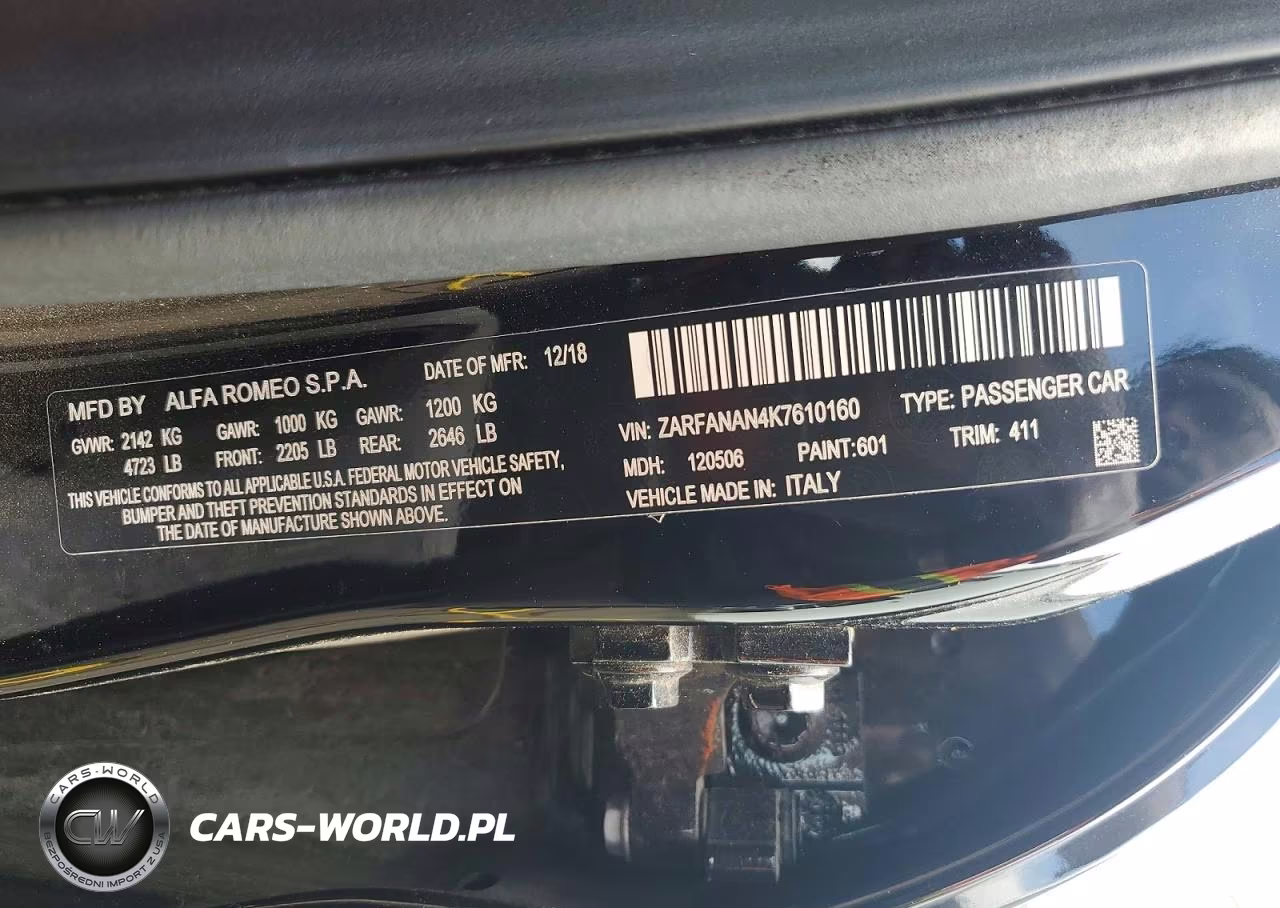 2019 Alfa Romeo Giulia VIN:ZARFANAN4K7610160 - 13