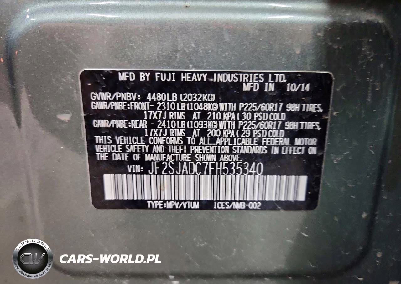 2015 Subaru Forester 2.5I Premium VIN:JF2SJADC7FH535340 - 12