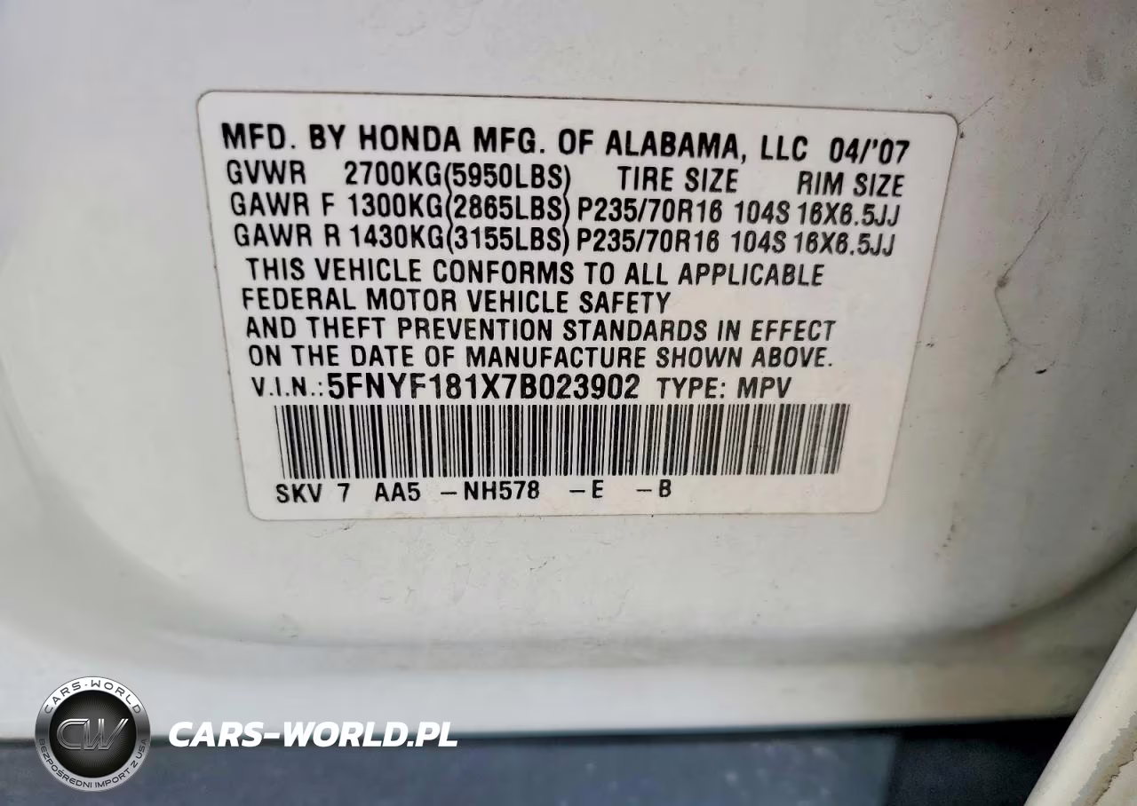 2007 Honda Pilot Lx VIN:5FNYF181X7B023902 - 13