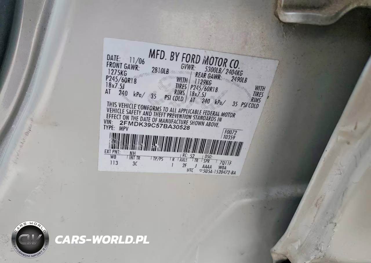 2007 Ford Edge Sel Plus VIN:2FMDK39C57BA30528 - 12