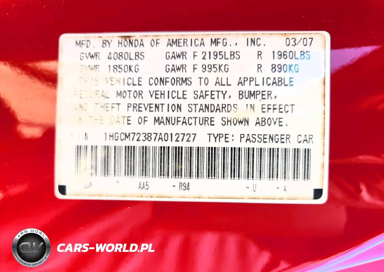 2007 Honda Accord Lx VIN:1HGCM72387A012727 - 12