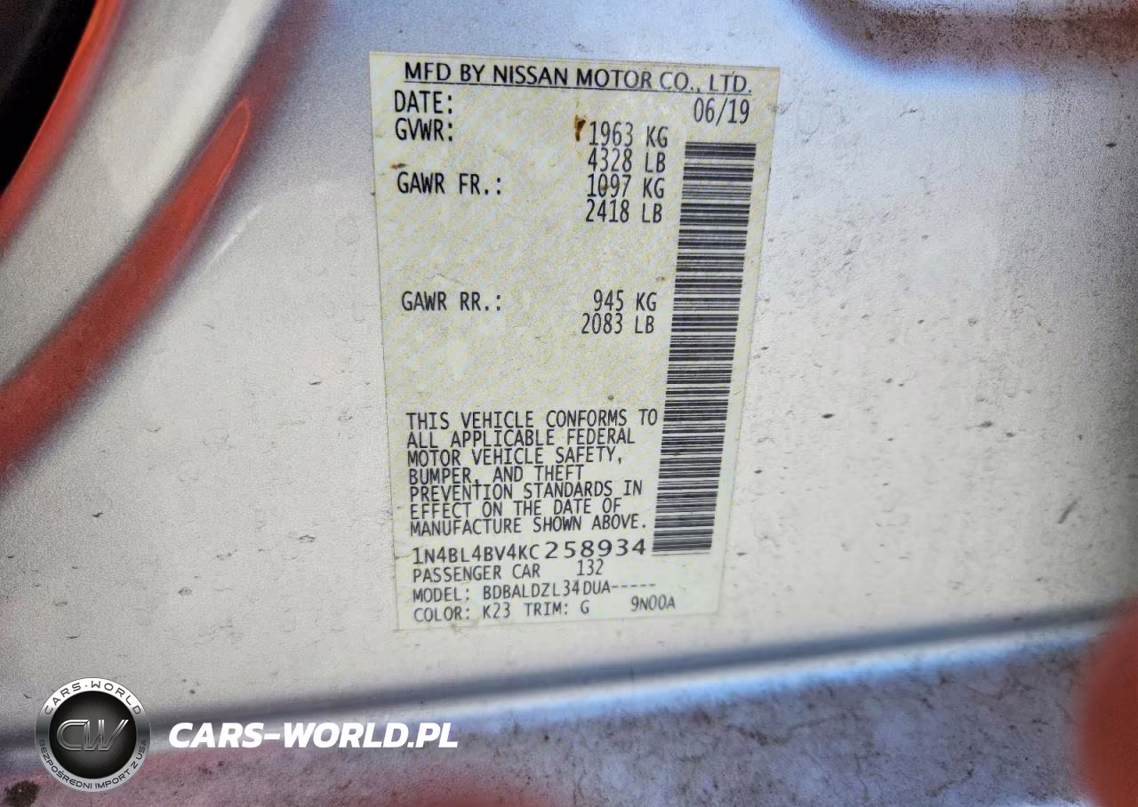 2019 Nissan Altima S VIN:1N4BL4BV4KC258934 - 12
