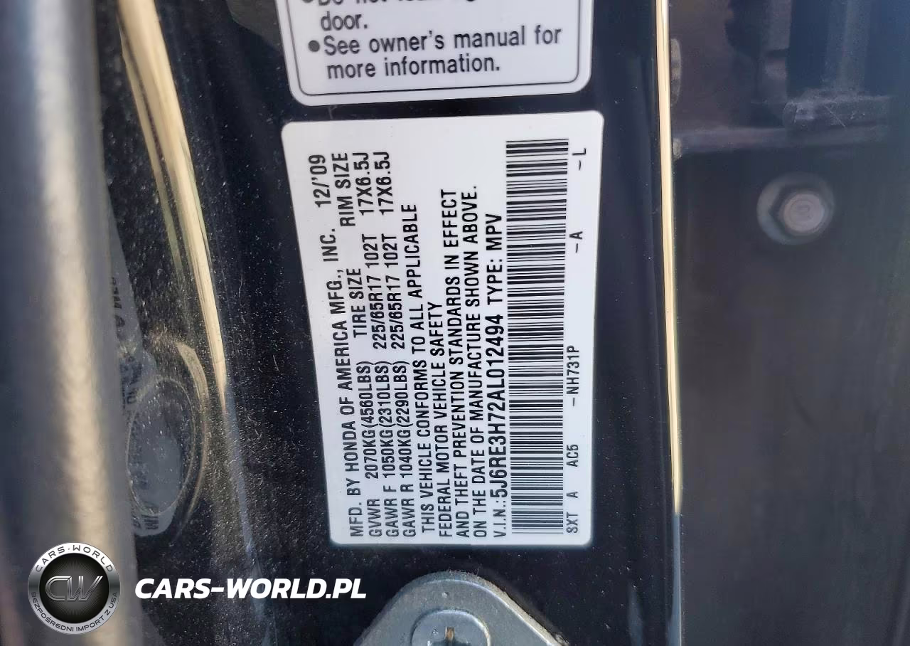 2010 Honda Cr-V Exl VIN:5J6RE3H72AL012494 - 12