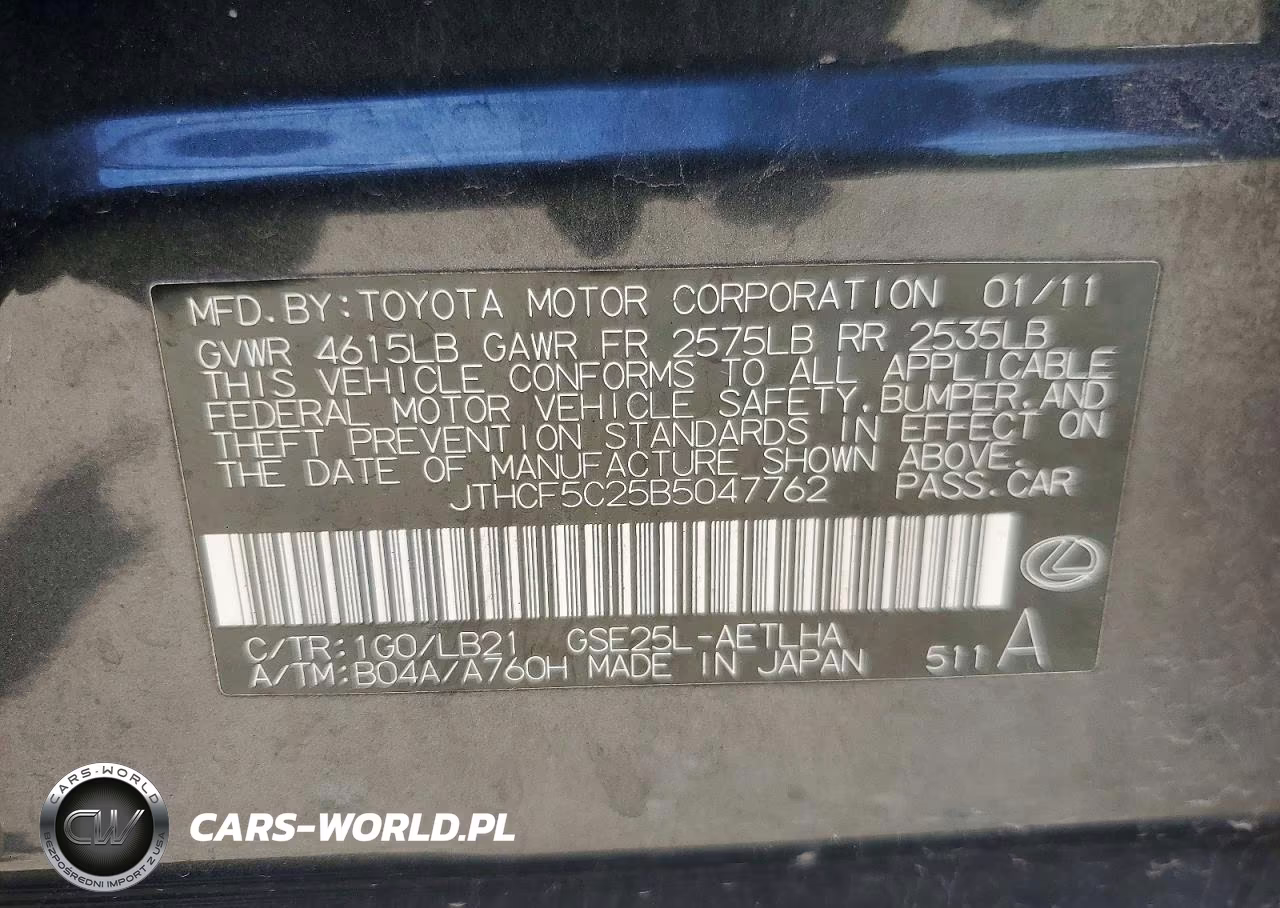 2011 Lexus Is 250 VIN:JTHCF5C25B5047762 - 12