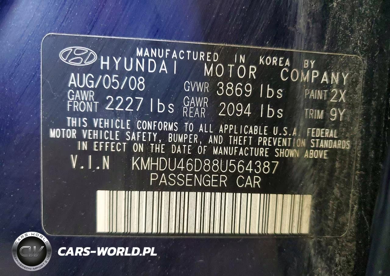 2008 Hyundai Elantra Gls VIN:KMHDU46D88U564387 - 12