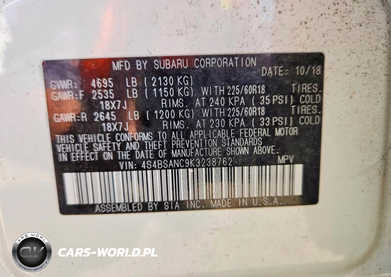 2019 Subaru Outback 2.5I Limited VIN:4S4BSANC9K3238762 - 12