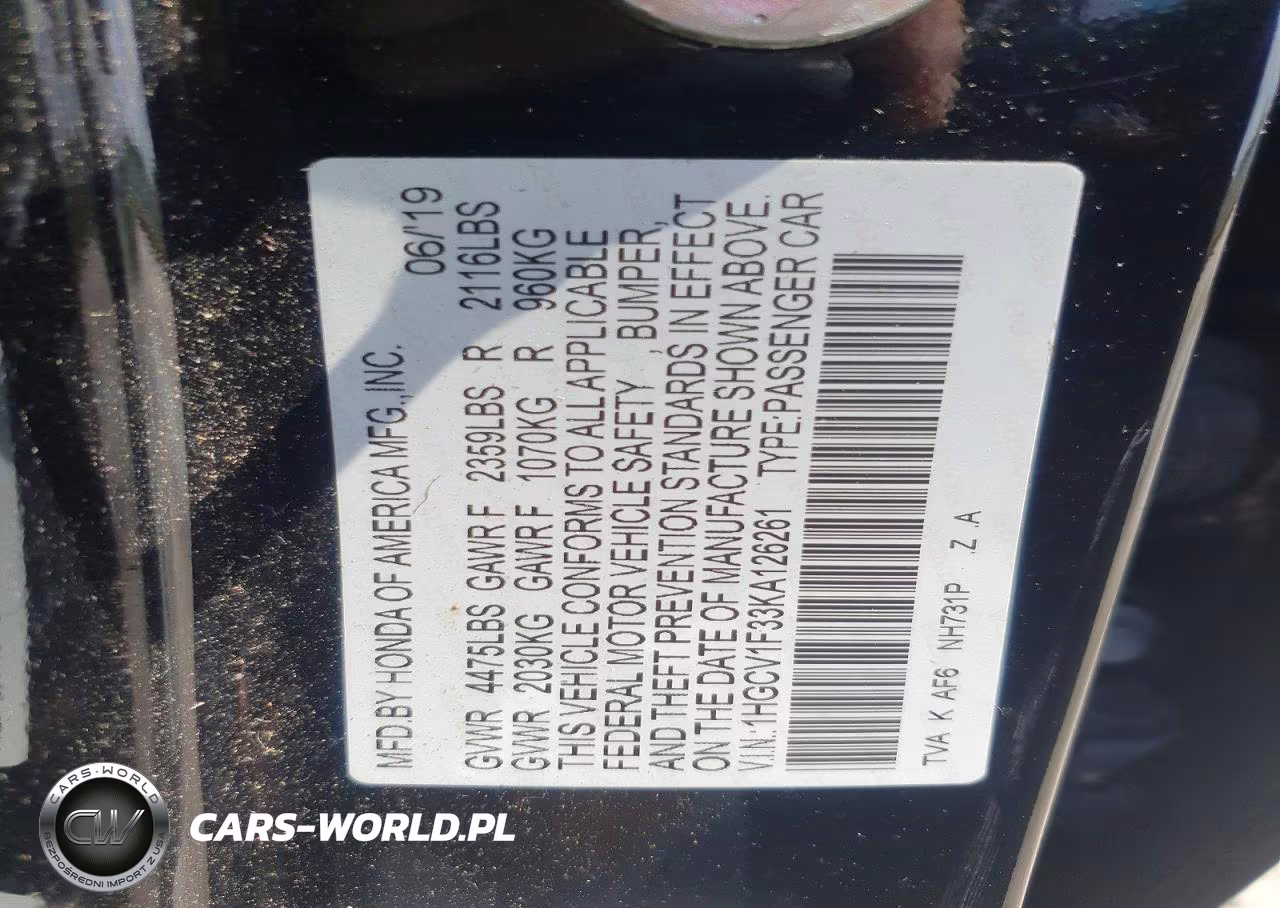 2019 Honda Accord Sport VIN:1HGCV1F33KA126261 - 13