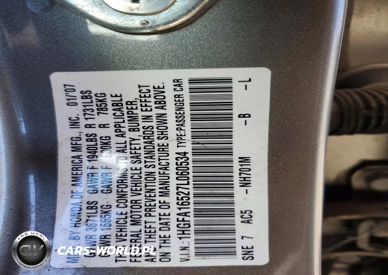2007 Honda Civic Lx VIN:1HGFA16527L060534 - 12