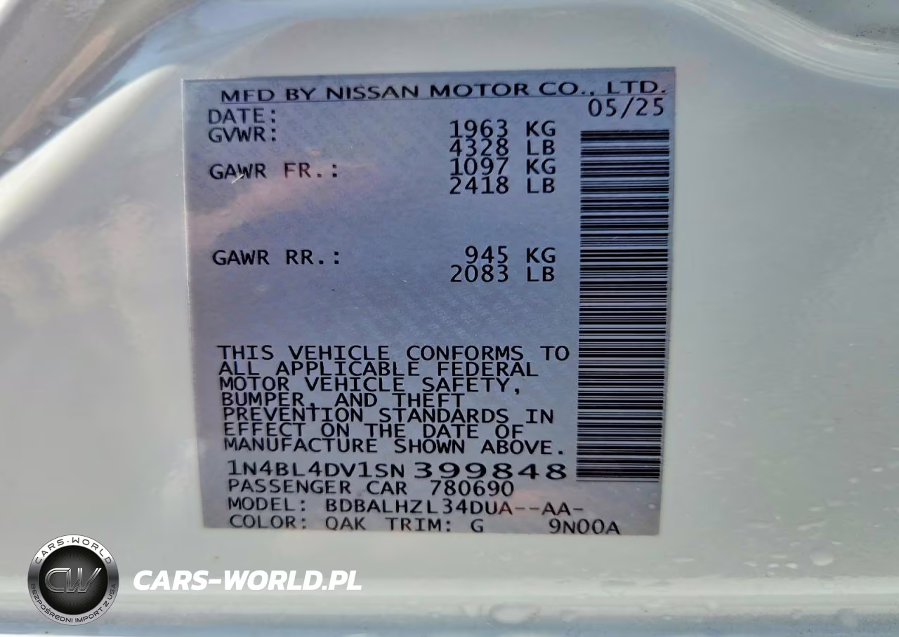2025 Nissan Altima Sv VIN:1N4BL4DV1SN399848 - 12