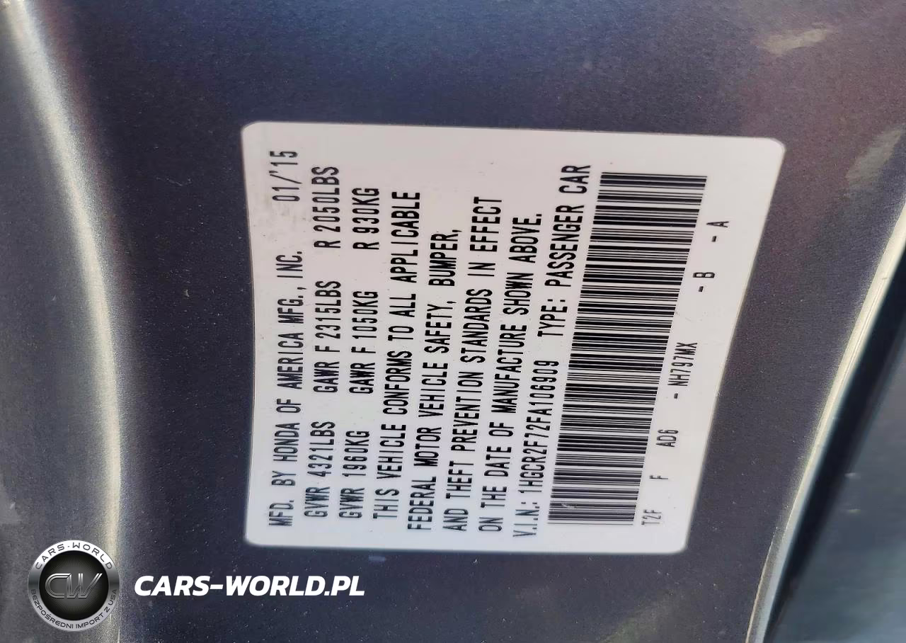 2015 Honda Accord Ex VIN:1HGCR2F72FA106909 - 12
