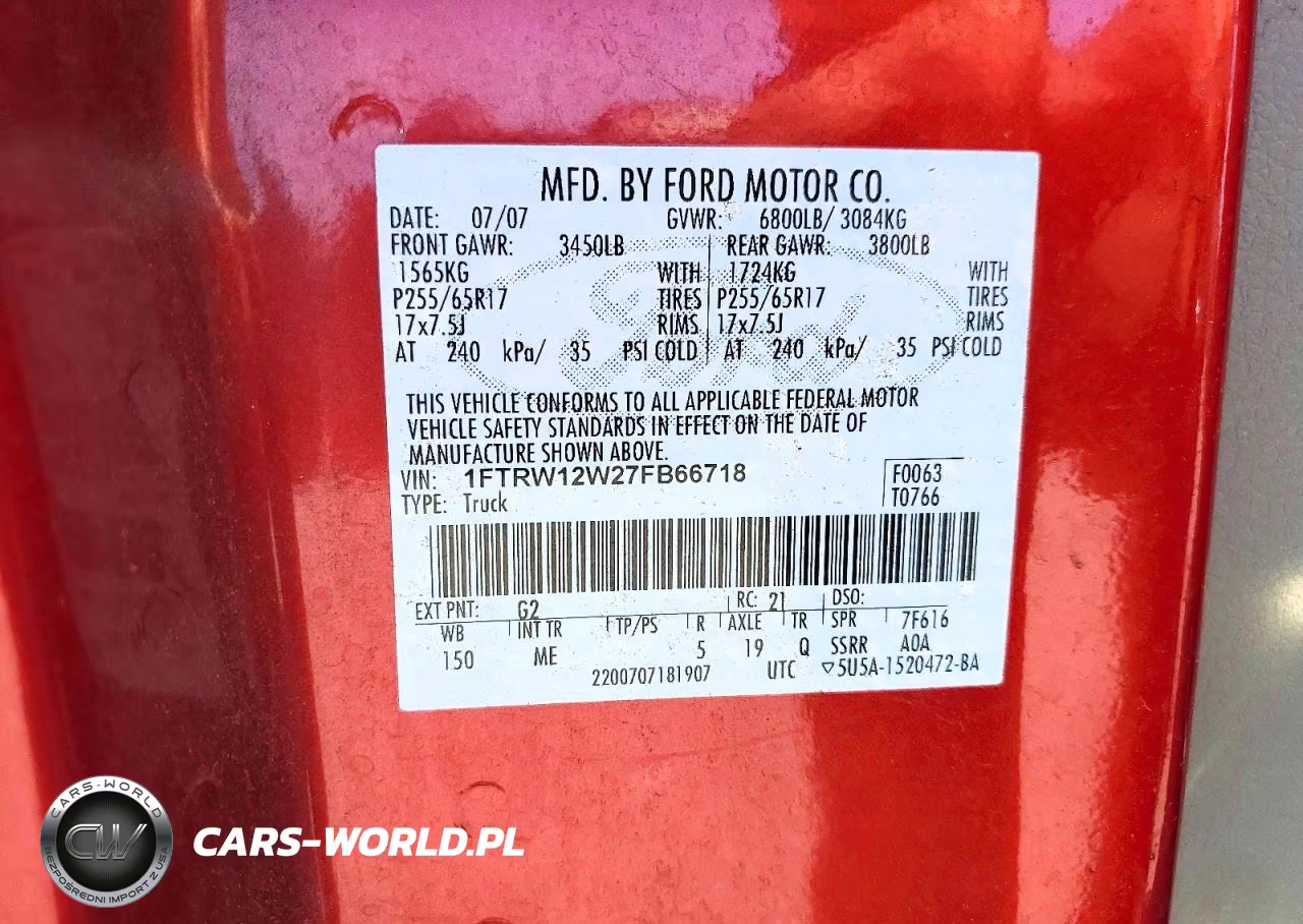 2007 Ford F150 Supercrew VIN:1FTRW12W27FB66718 - 12
