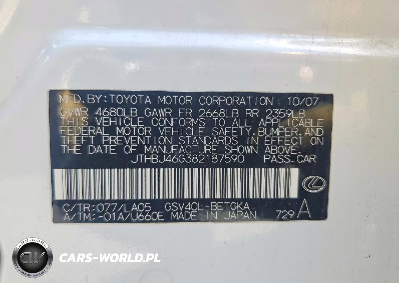 2008 Lexus Es 350 VIN:JTHBJ46G382187590 - 12