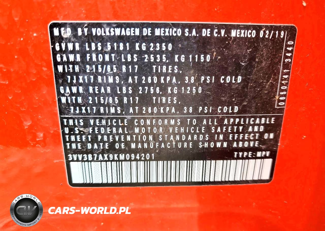 2019 Volkswagen Tiguan Se VIN:3VV3B7AX9KM094201 - 14
