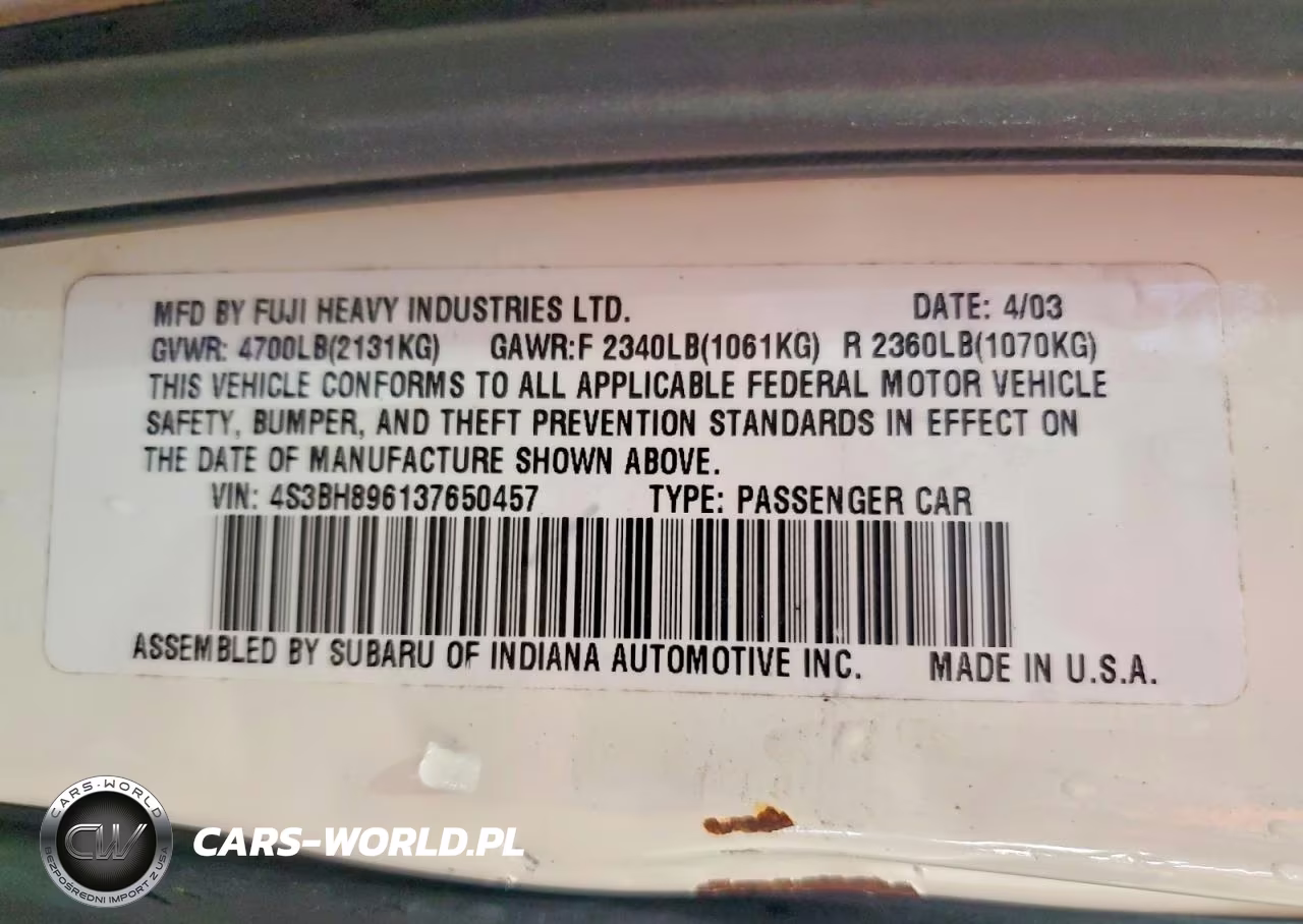 2003 Subaru Legacy Outback H6 3.0 Vdc VIN:4S3BH896137650457 - 13