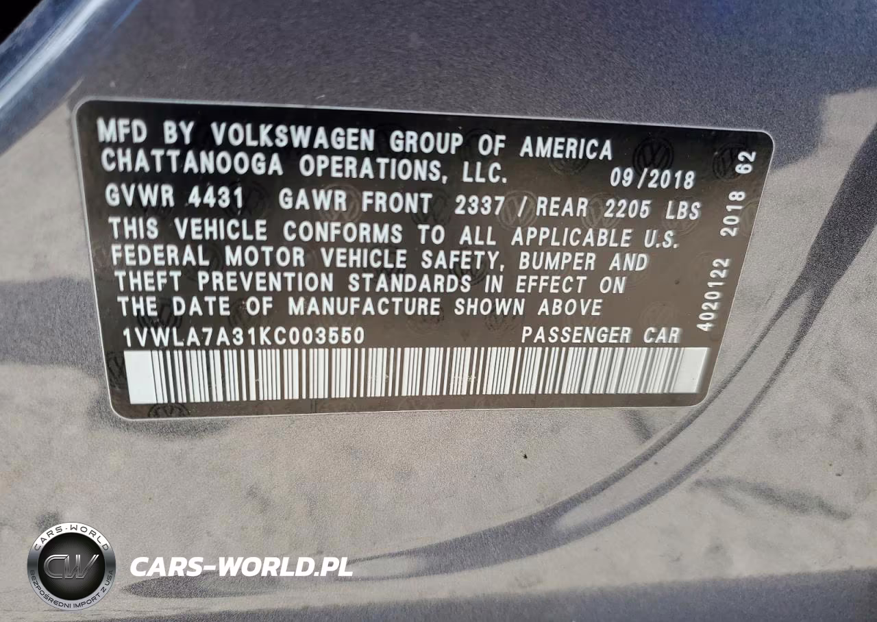 2019 Volkswagen Passat Wolfsburg VIN:1VWLA7A31KC003550 - 12