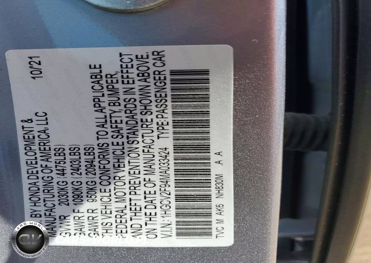 2021 Honda Accord Touring VIN:1HGCV2F94MA033424 - 12