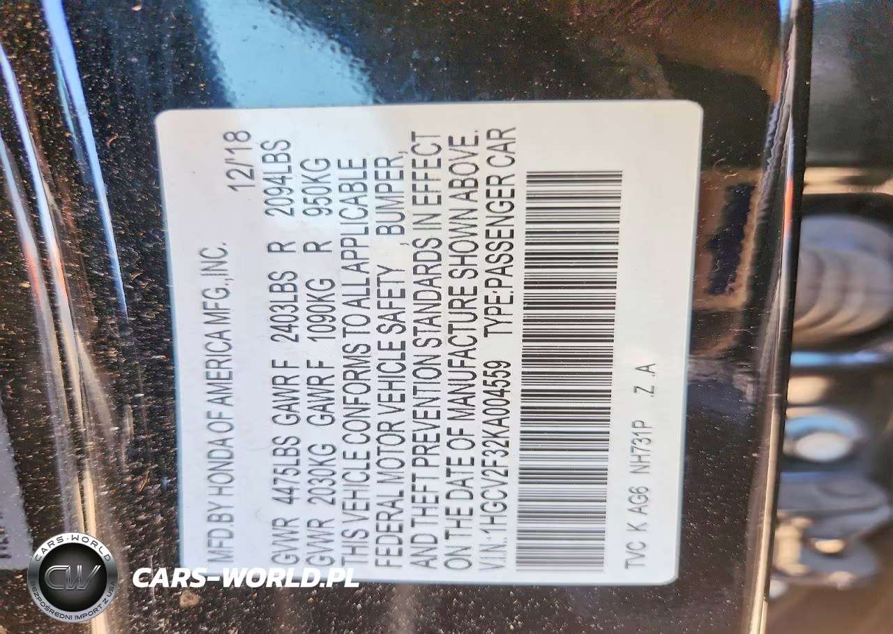 2019 Honda Accord Sport VIN:1HGCV2F32KA004559 - 12