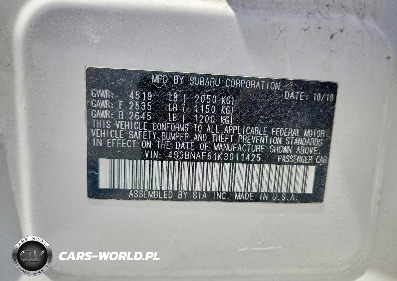 2019 Subaru Legacy 2.5I Premium VIN:4S3BNAF61K3011425 - 13