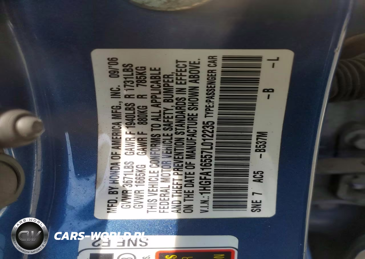 2007 Honda Civic Lx VIN:1HGFA16557L012235 - 12