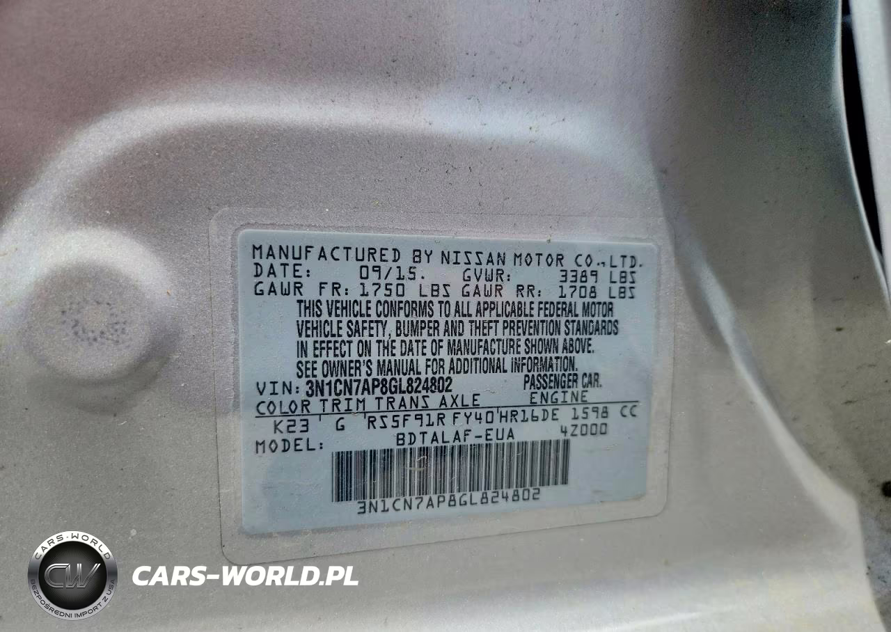 2016 Nissan Versa 1.6 S VIN:3N1CN7AP8GL824802 - 12