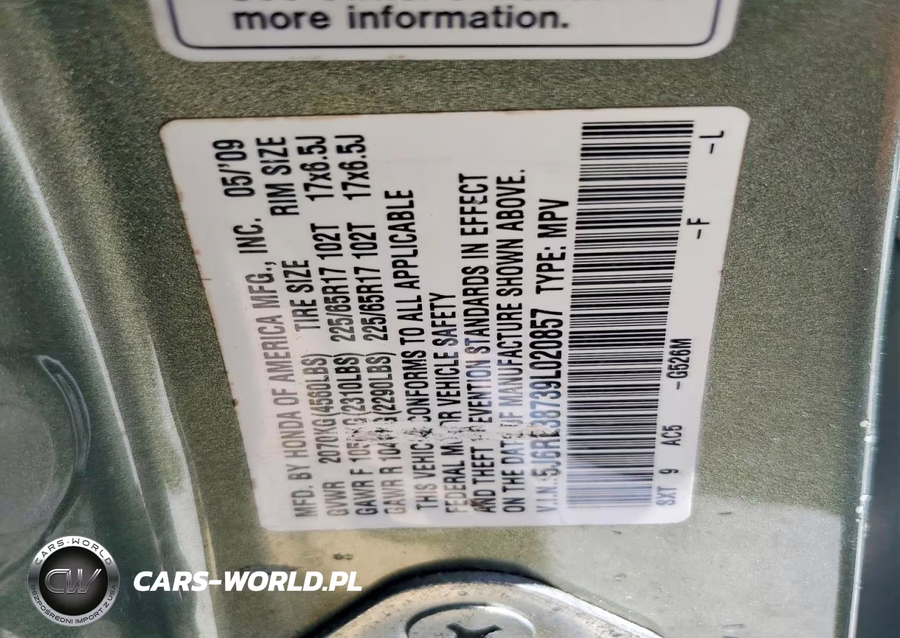 2009 Honda Cr-V Exl VIN:5J6RE38739L020857 - 13