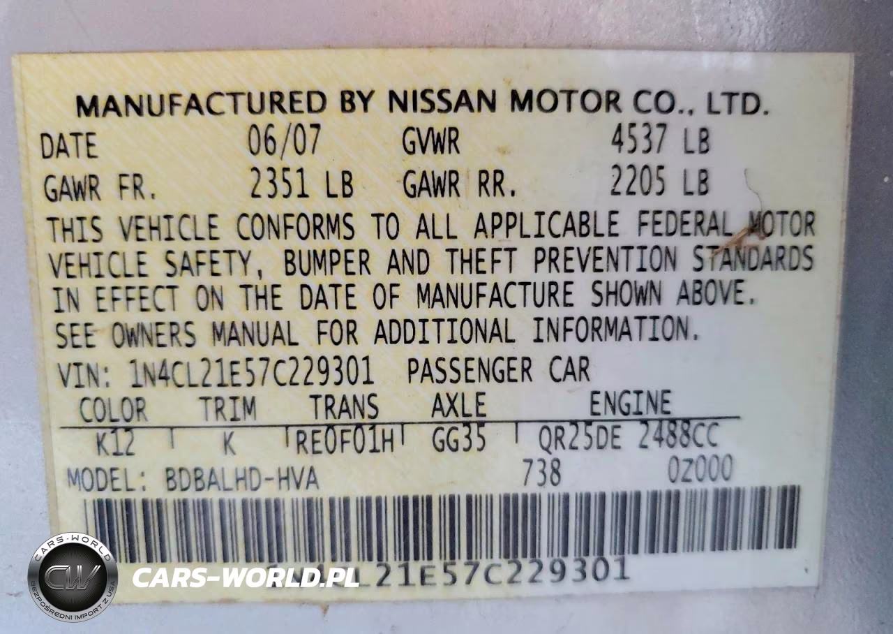 2007 Nissan Altima Hybrid VIN:1N4CL21E57C229301 - 12