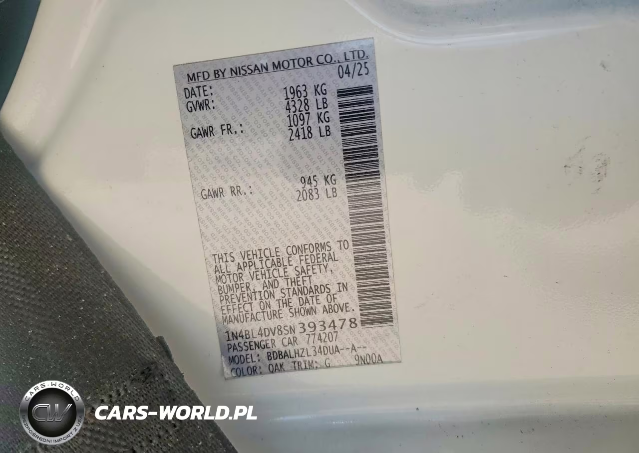 2025 Nissan Altima Sv VIN:1N4BL4DV8SN393478 - 12