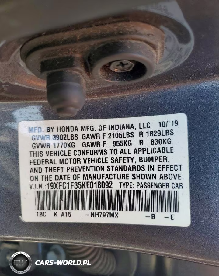 2019 Honda Civic Ex VIN:19XFC1F35KE018092 - 12