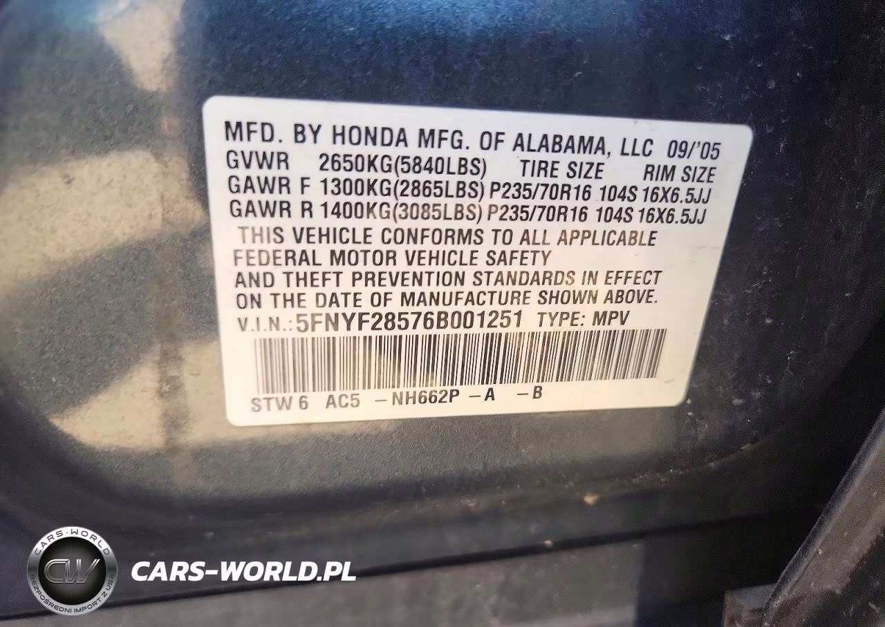 2006 Honda Pilot Ex VIN:5FNYF28576B001251 - 13