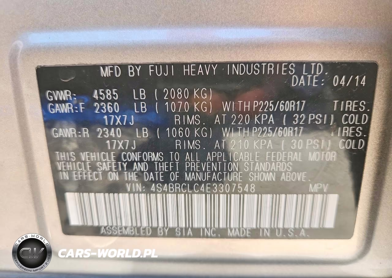 2014 Subaru Outback 2.5I Limited VIN:4S4BRCLC4E3307548 - 14