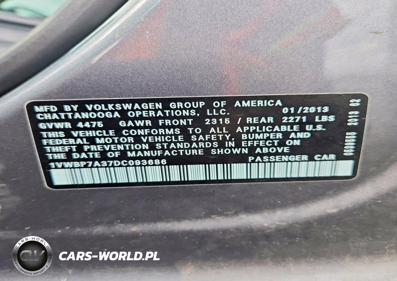 2013 Volkswagen Passat Se VIN:1VWBP7A37DC093686 - 12
