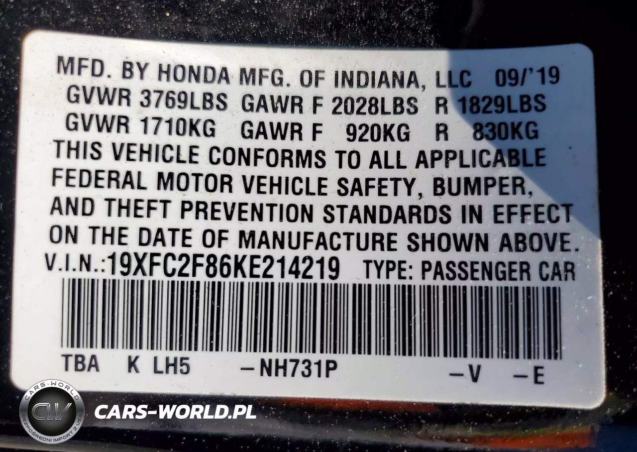 2019 Honda Civic Sport VIN:19XFC2F86KE214219 - 12