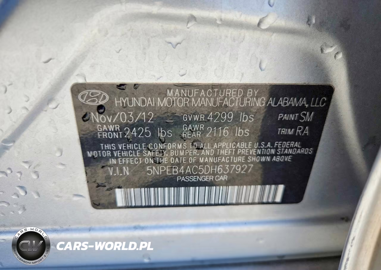 2013 Hyundai Sonata Gls VIN:5NPEB4AC5DH637927 - 12