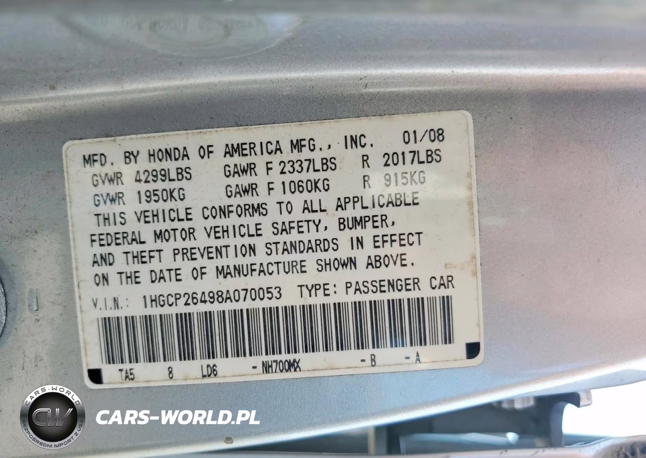 2008 Honda Accord Lxp VIN:1HGCP26498A070053 - 12