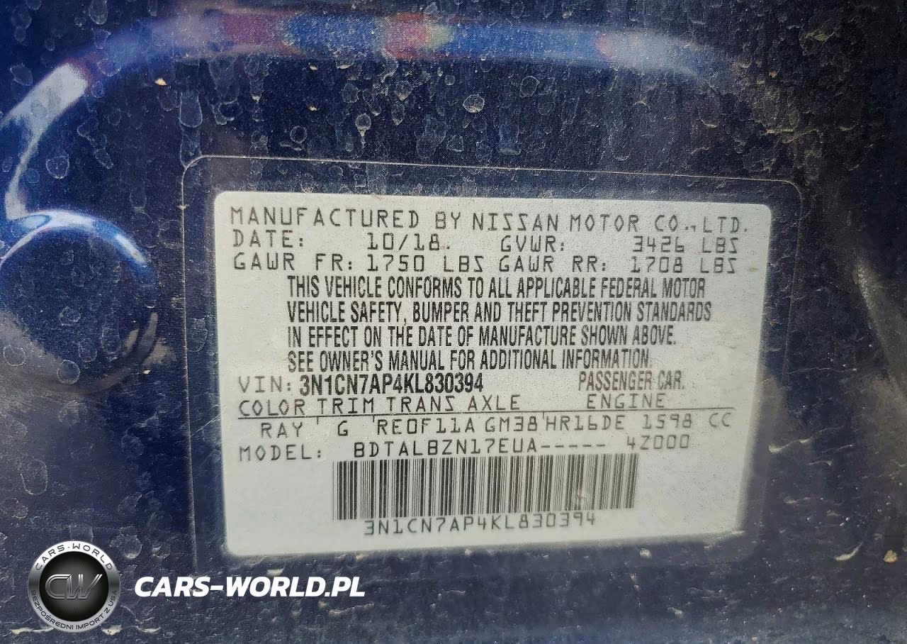 2019 Nissan Versa Sv VIN:3N1CN7AP4KL830394 - 12